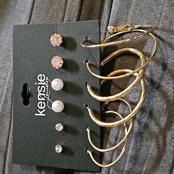 Kensie Jewelry 6PK Pierced Gold Rhinestone Pearl Pink Glitter Stud Hoop Earrings - Picture 1 of 6